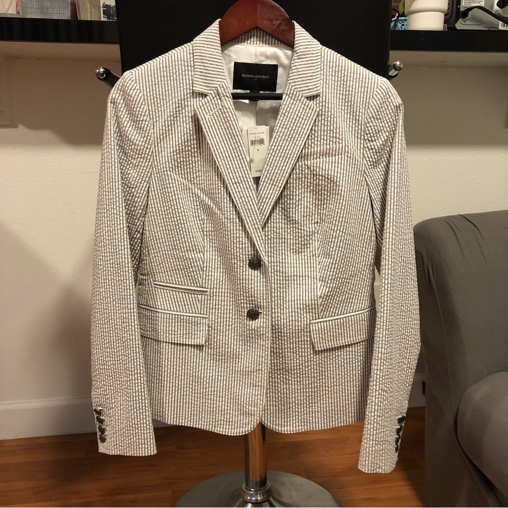 Banana Republic Cotton Blazer, White and Gray Striped, Women’s size 4